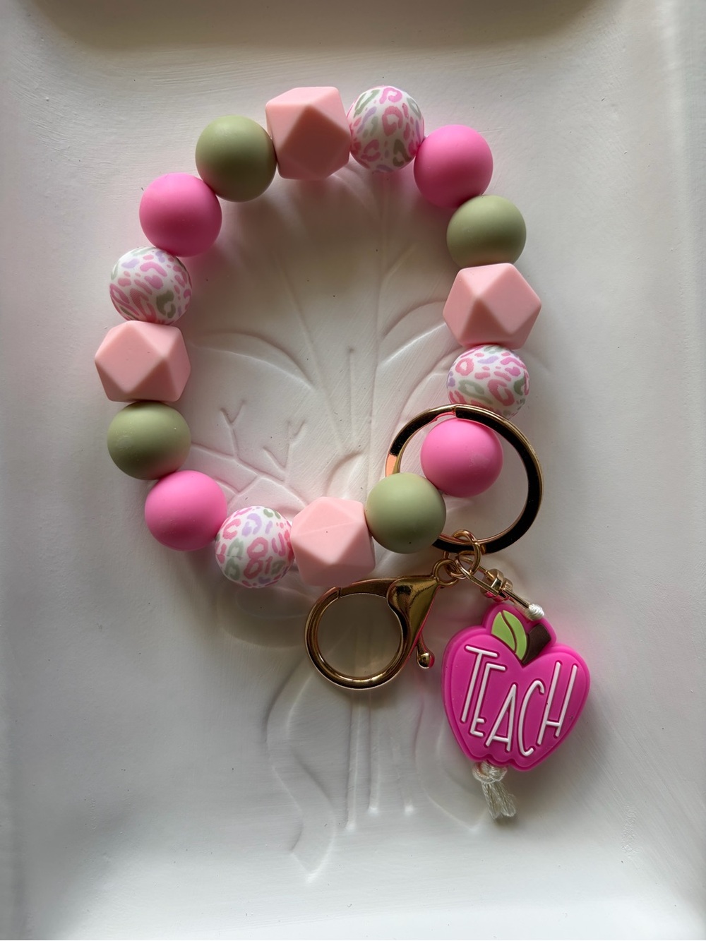 Pink & Olive Beaded Teacher Keyring Bracelet